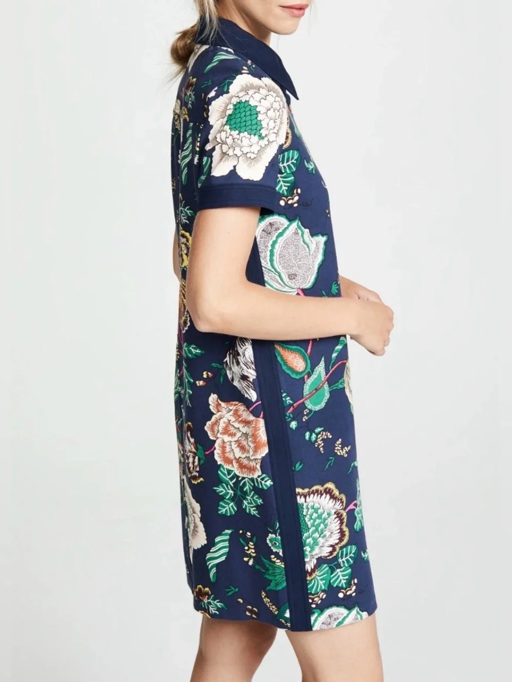 Tory Burch Stretch Ponte Polo Dress Happy Times Floral Gold Navy Pink Medium
